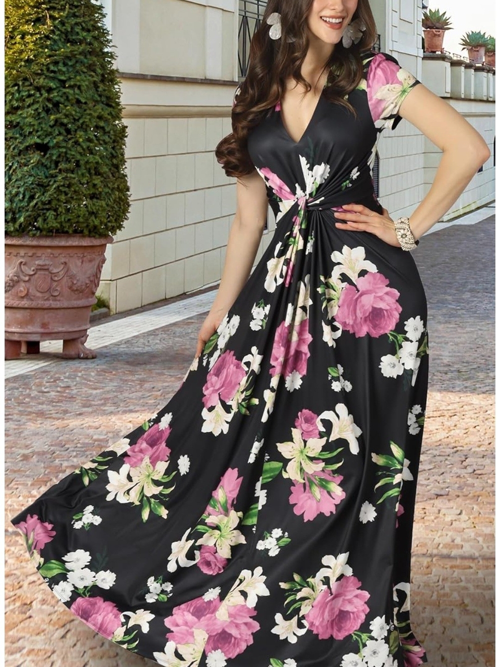 Black Floral Maxi Dress with Pink & White Blooms